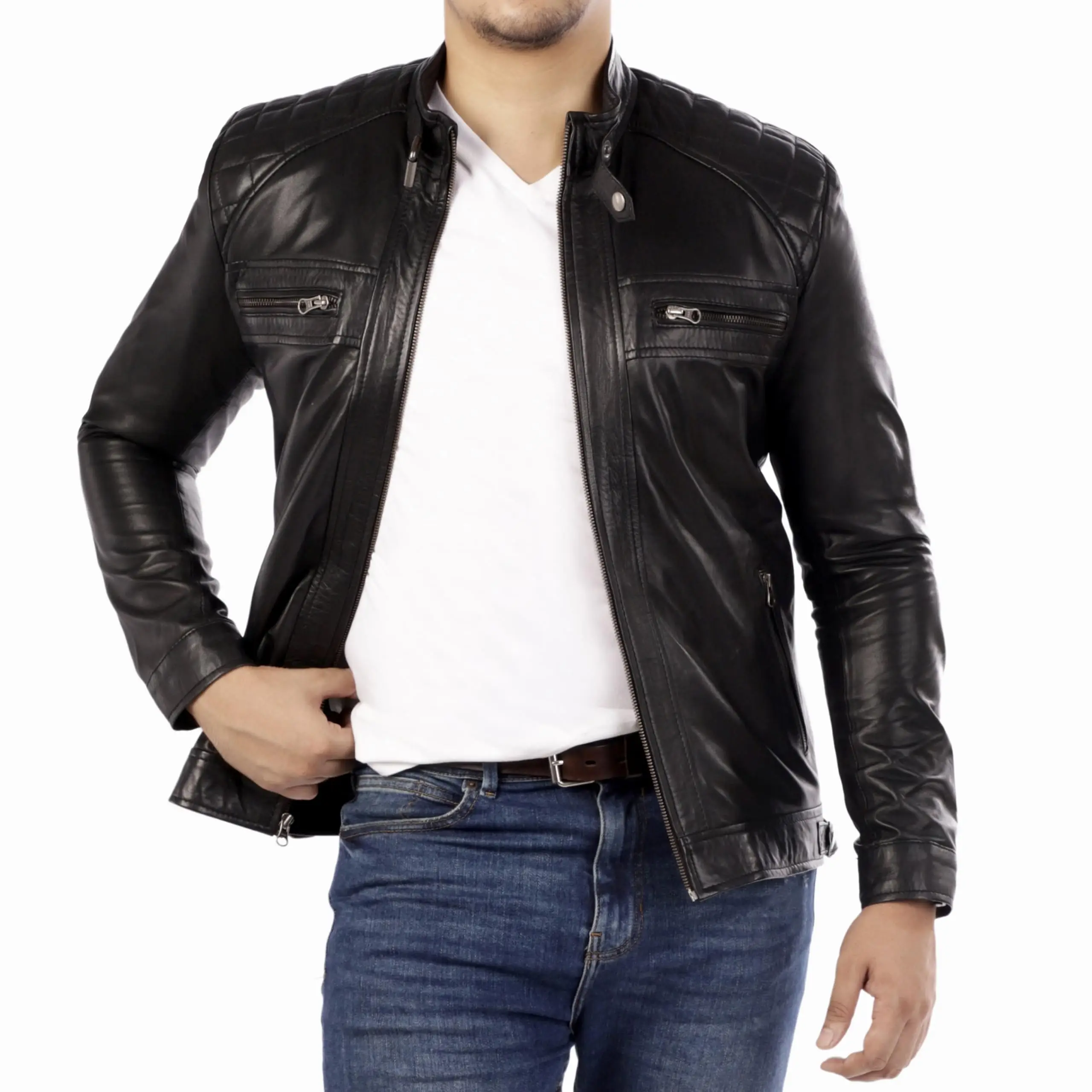 Sleek cafe racer leather jacket with minimalist design
