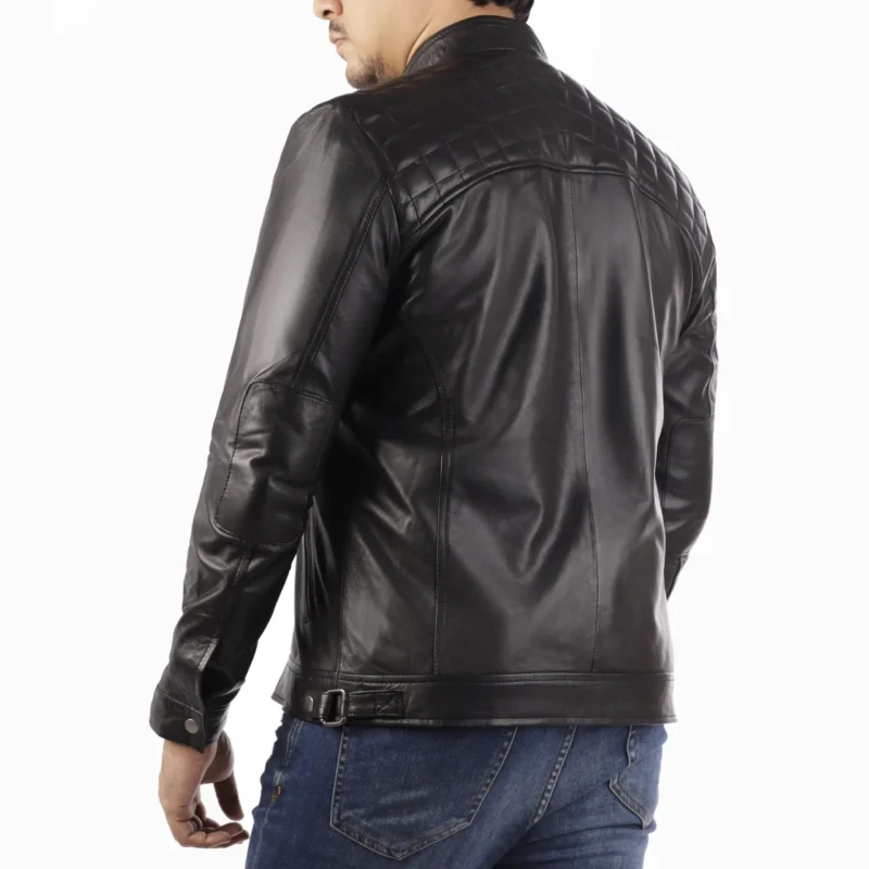 Diamond Quilted Café Racer Lambskin Leather Jacket for Men - Image 3