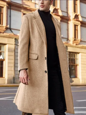 Classic British Style Wool Blend Long Overcoat for Men