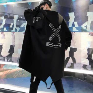 Men's Printed Hooded Trench Coat Slim Fit Streetwear Windbreaker