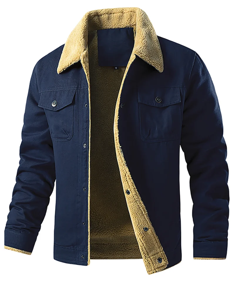 Men's Winter Shearling Lined Coat with Button Front and Turn-down Collar - Image 10