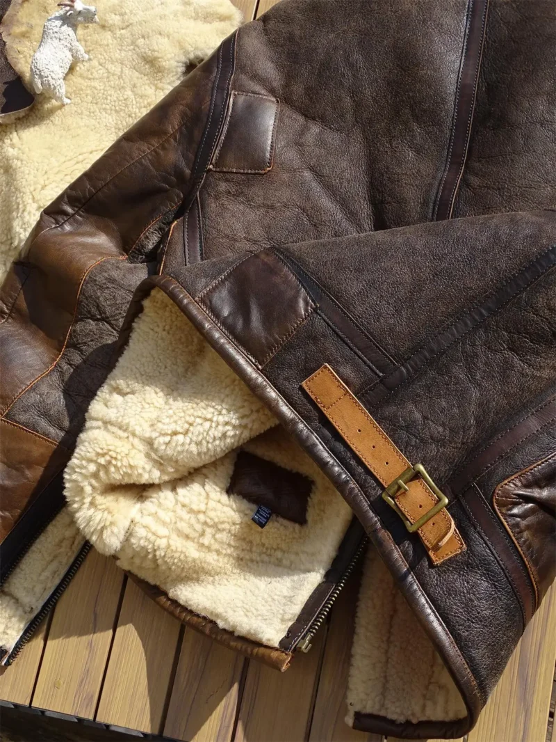 Premium Shearling Leather Bomber Jacket with Turn-down Collar for Men - Image 4