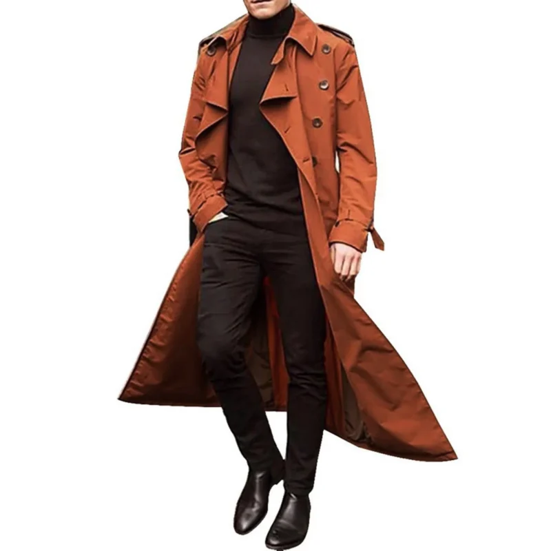 Classic Men's Double Breasted Trench Coat Extra Long Spring Autumn Windbreaker - Image 4