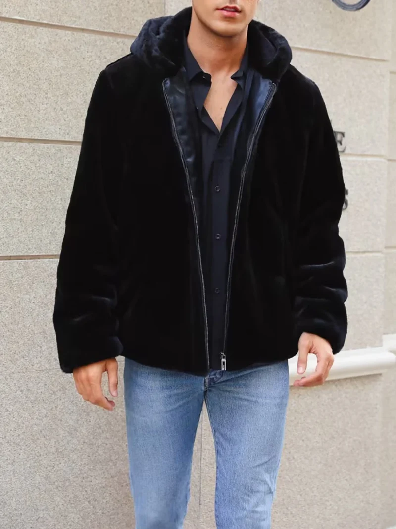 Men's Winter Plush Hooded Jacket with Zipper Front - Image 4