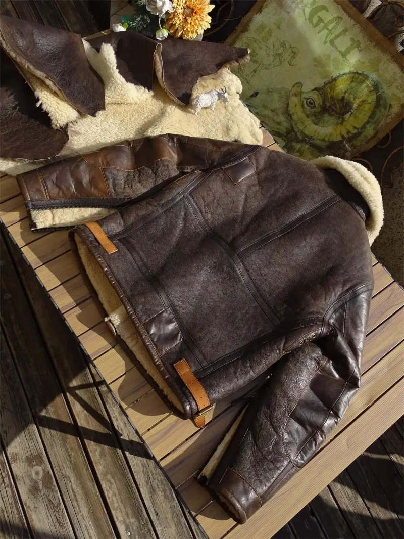 Premium Shearling Leather Bomber Jacket with Turn-down Collar for Men - Image 3