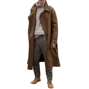 Men's Double Breasted Extra Long Wool Trench Coat with Epaulets for Winter