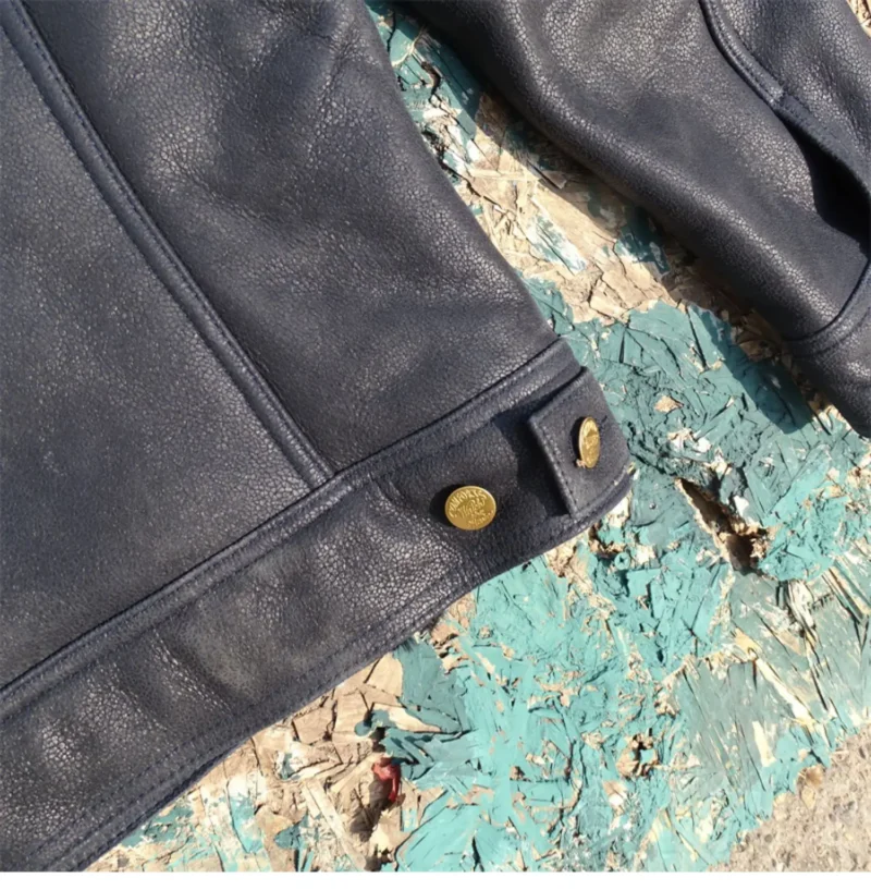 Classic Sheepskin Leather Flight Jacket with Turn-down Collar for Men - Image 5