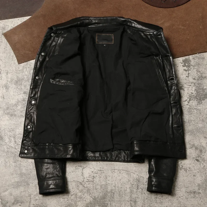 Vintage Washed Sheepskin Leather Jacket with Cargo Pockets for Men - Image 6