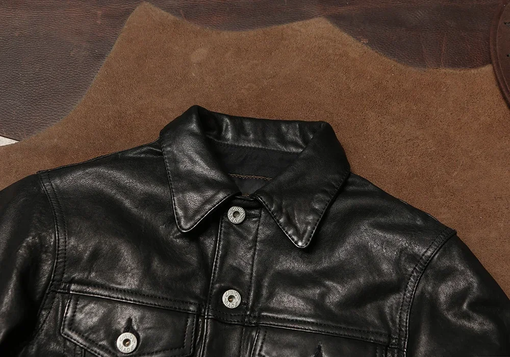 Close-up of quality vintage washed sheepskin showing texture and craftsmanship details