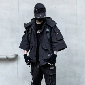 Men's Urban Techwear Cargo Jacket with Hood and Tactical Pockets
