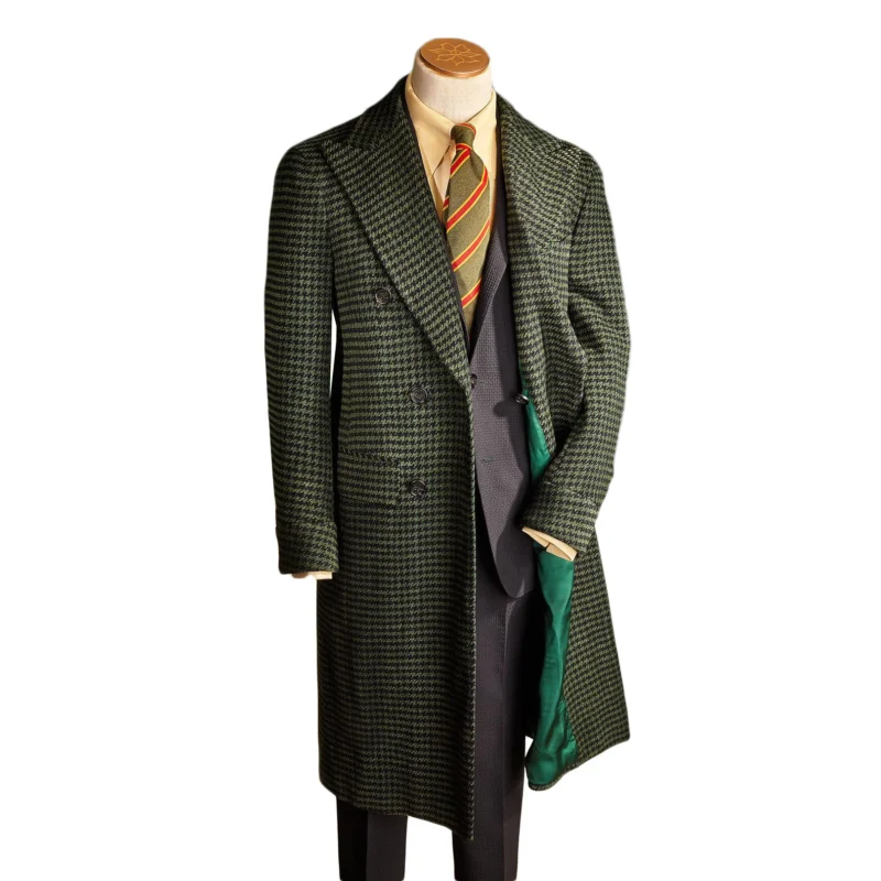 Classic Green Houndstooth Wool Long Overcoat Double Breasted for Men - Image 2