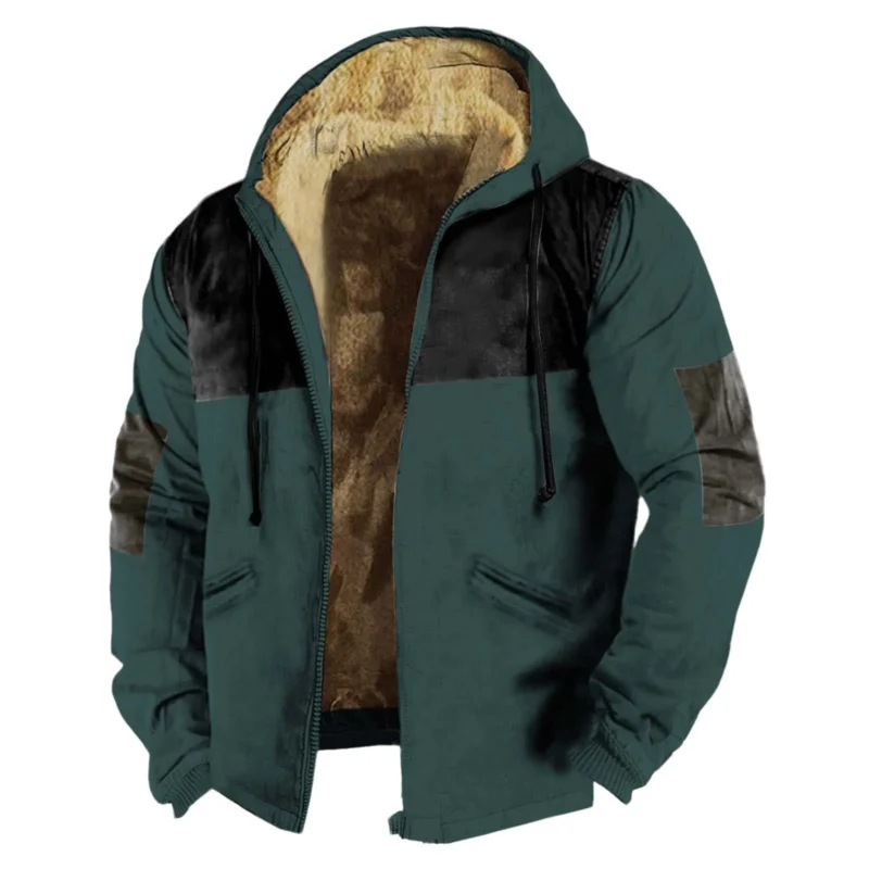 Men's Fleece-Lined Winter Hooded Jacket with Zip Closure and Color Block Design - Image 7