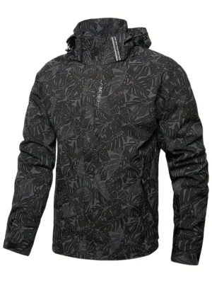Men's Hooded Printed Windbreaker Jacket with Zippered Pockets for Spring