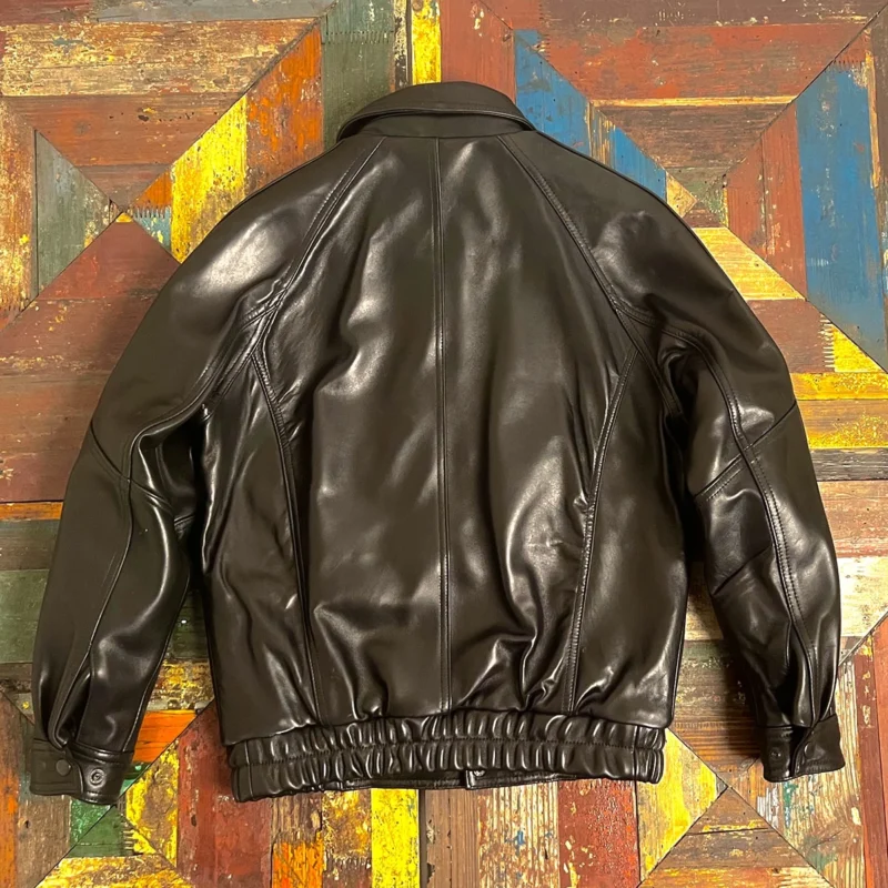 Vintage Full Grain Goatskin Leather Jacket with Turn-down Collar for Men - Image 2