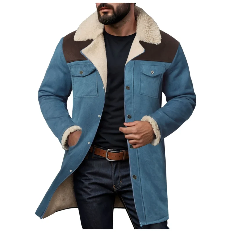 Men's Suede Color Block Jacket with Plush Lapel Multi-Pocket Design - Image 3