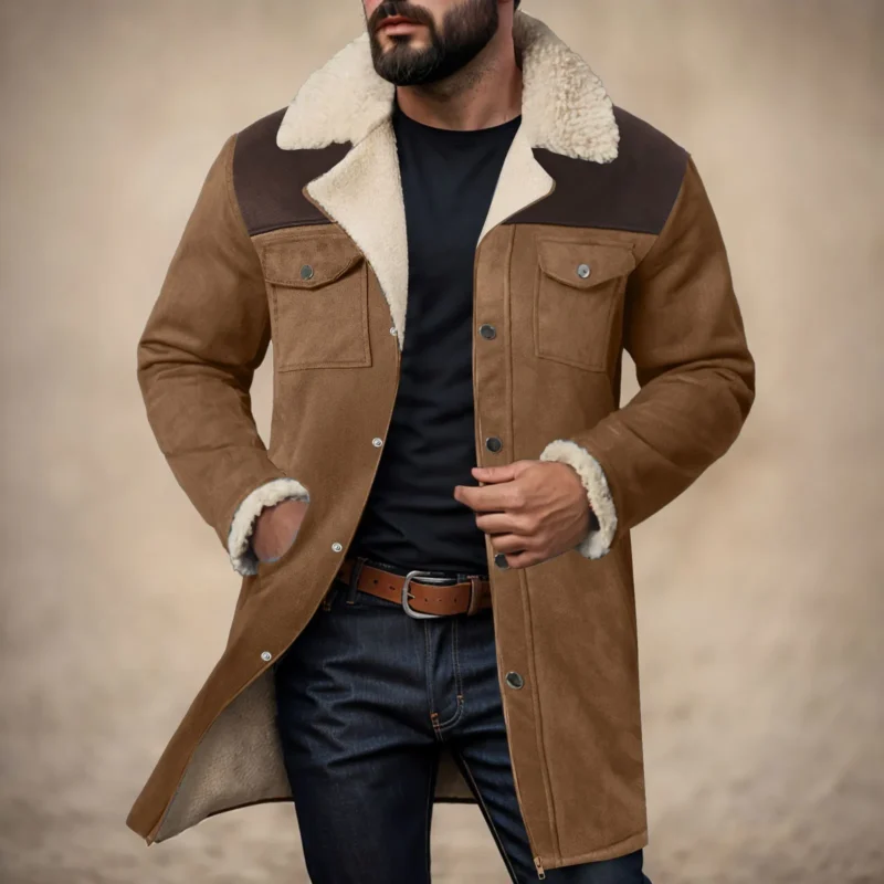 Men's Suede Color Block Jacket with Plush Lapel Multi-Pocket Design - Image 8