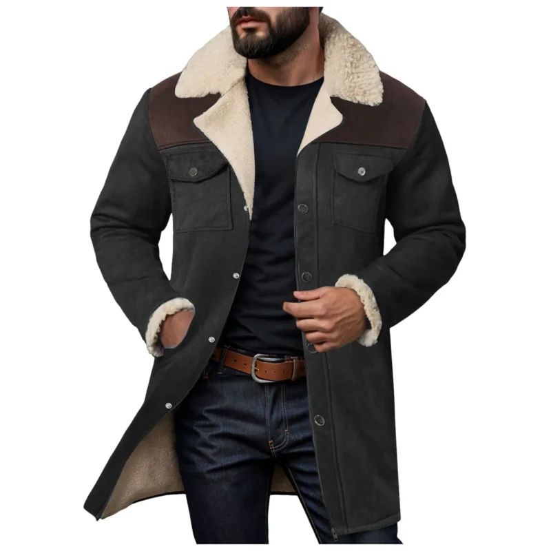 Men's Suede Color Block Jacket with Plush Lapel Multi-Pocket Design - Image 2