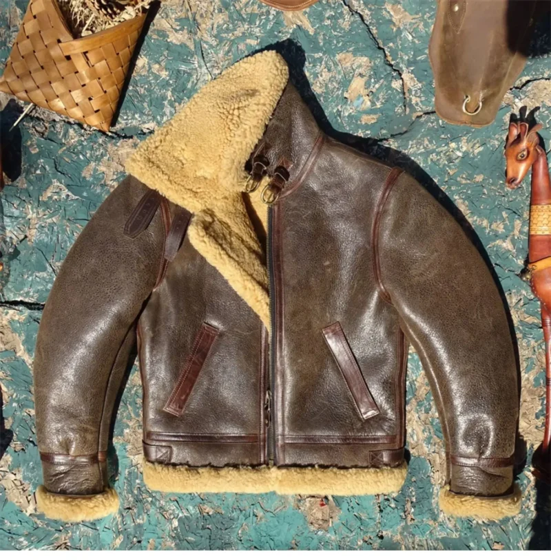 Premium Shearling Aviator Jacket with Genuine Leather Shell for Men - Image 3