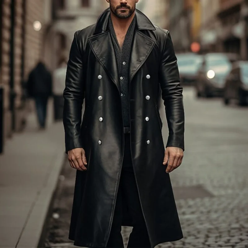 Vintage Style Faux Leather Slim Fit Zippered Trench Coat for Men - Image 4