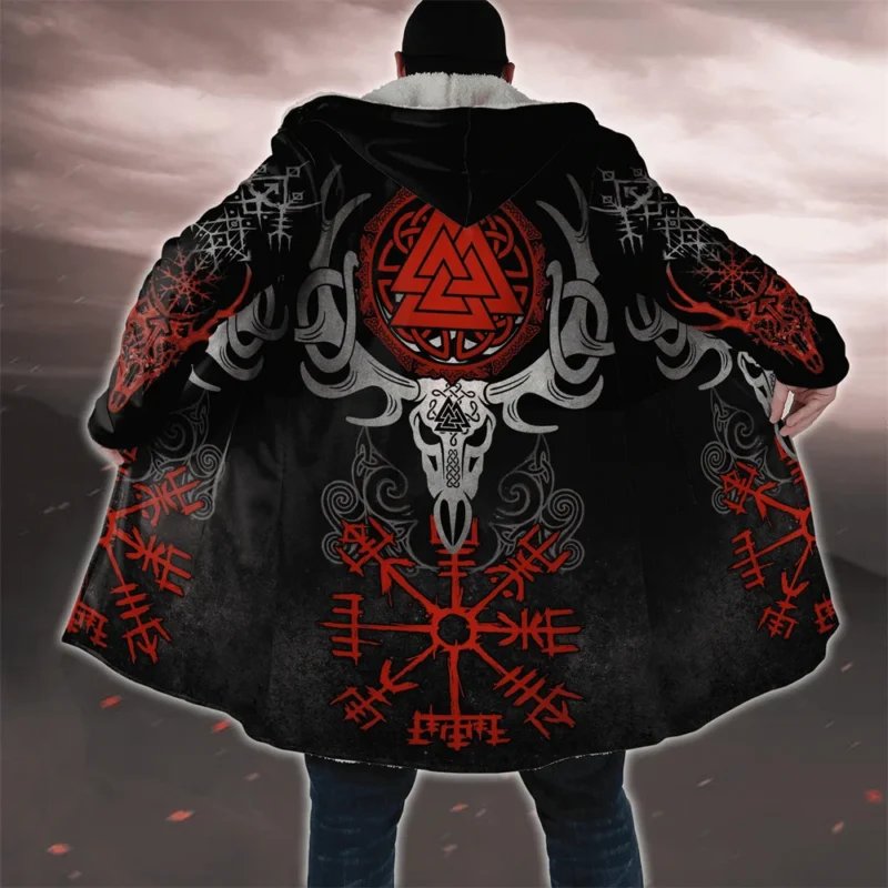 Men's Gothic Hooded Cloak with Medieval Tattoo Print Fleece Overcoat - Image 11