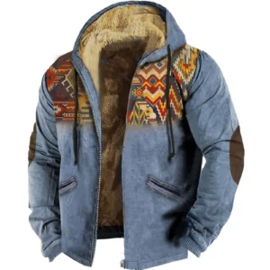 Men's Vintage Fleece Lined Hooded Bomber Jacket with Retro Print