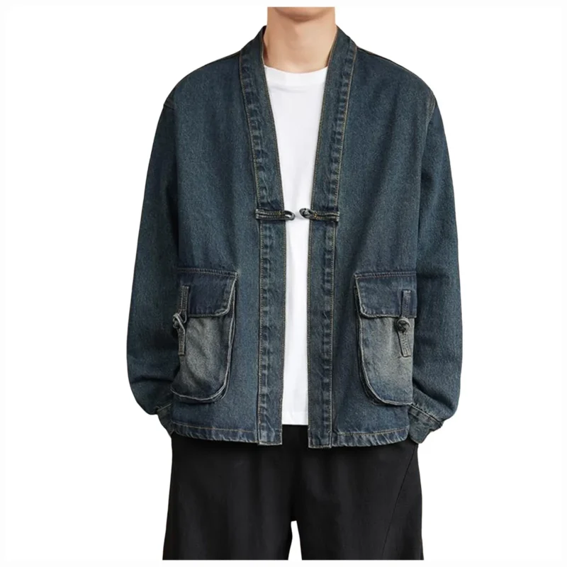 Men's Vintage Denim Jacket with Detachable Hood and Zipper Closure - Image 3