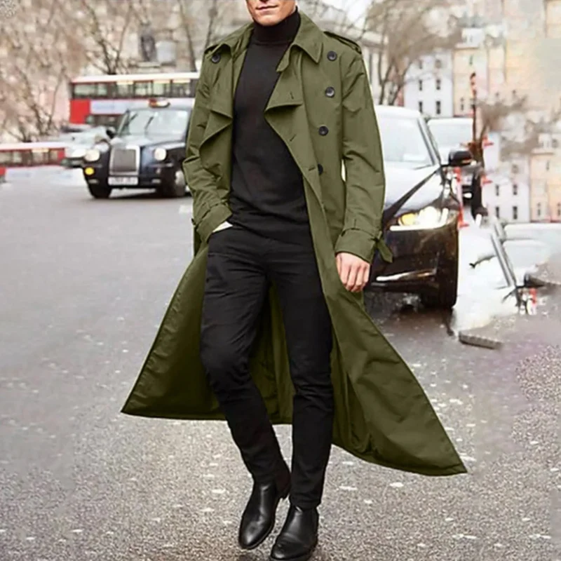 Classic Men's Double Breasted Trench Coat Extra Long Spring Autumn Windbreaker - Image 7