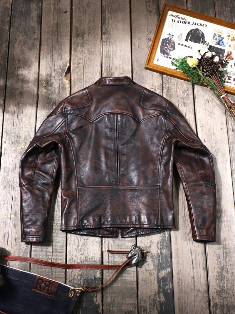 Vintage Distressed Horsehide Biker Jacket with Stand Collar for Men - Image 2
