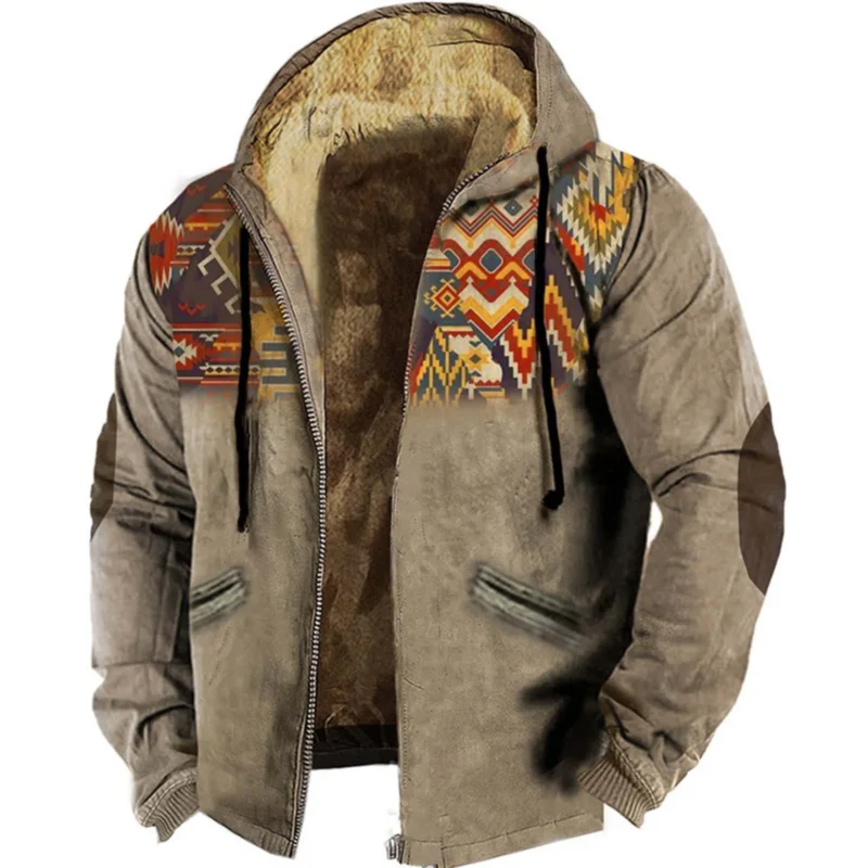 Men's Vintage Fleece Lined Hooded Bomber Jacket with Retro Print - Image 4