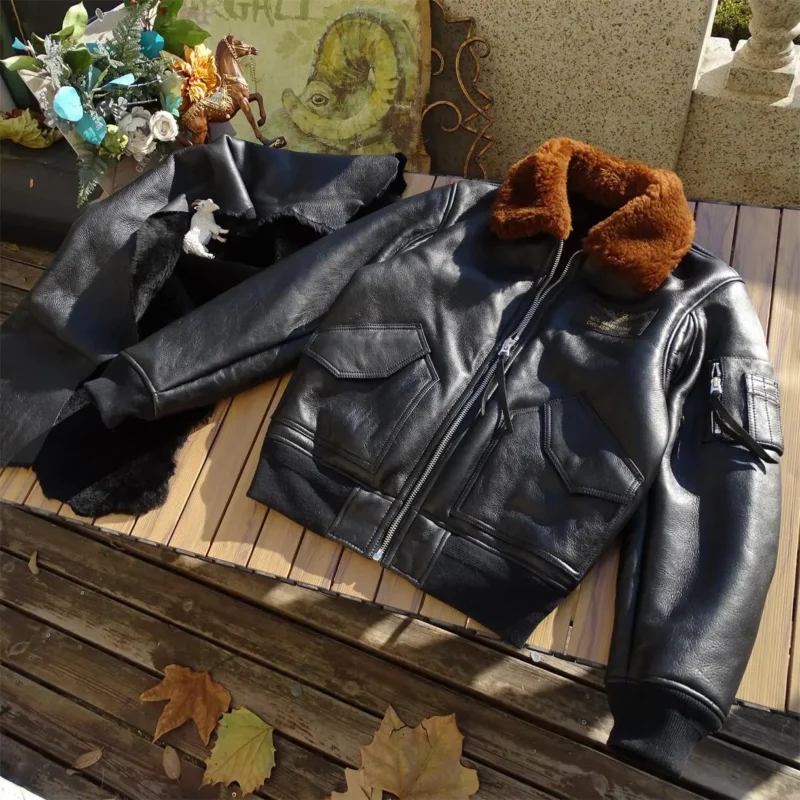 Premium Sheepskin Shearling Bomber Jacket for Men Winter - Image 7
