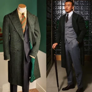 Classic Green Houndstooth Wool Long Overcoat Double Breasted for Men