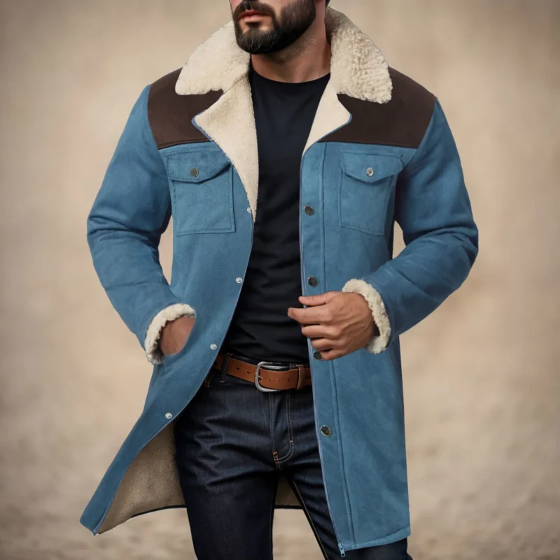 Men's Suede Color Block Jacket with Plush Lapel Multi-Pocket Design - Image 9