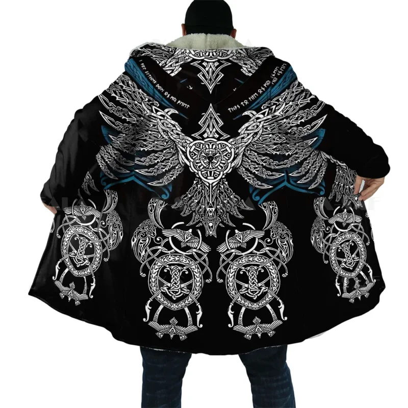 Men's Gothic Hooded Cloak with Medieval Tattoo Print Fleece Overcoat - Image 17