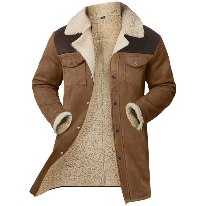 Men's Suede Color Block Jacket with Plush Lapel Multi-Pocket Design - Image 5