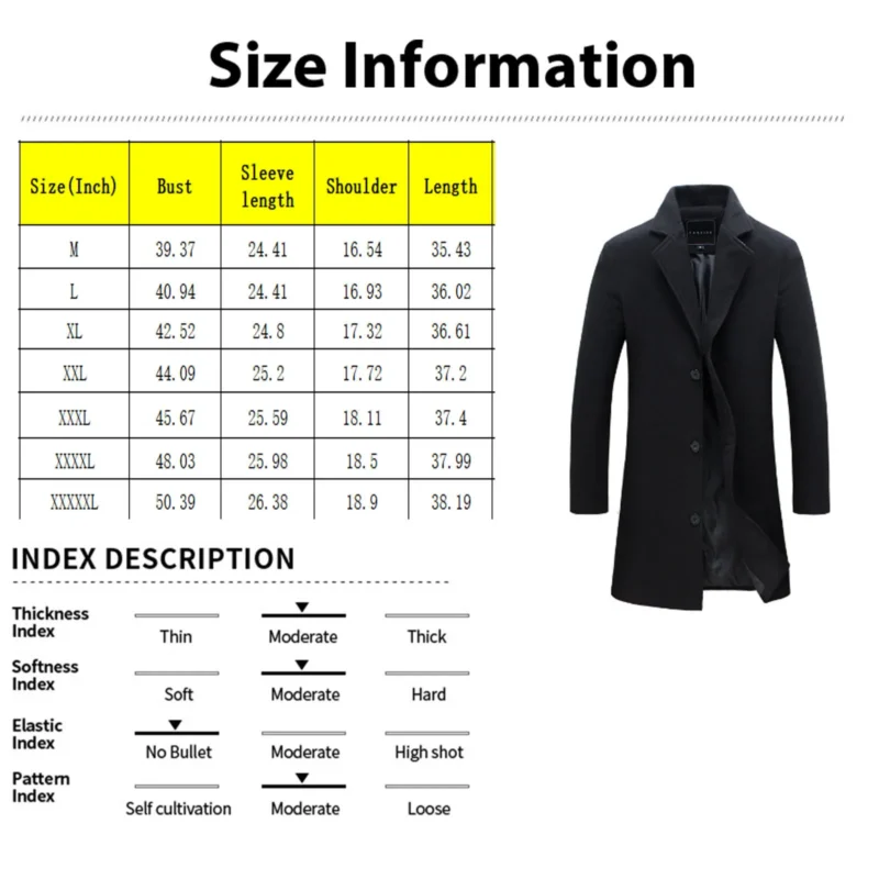 Men's Classic Wool Mid-Length Coat with Turn-Down Collar - Image 3