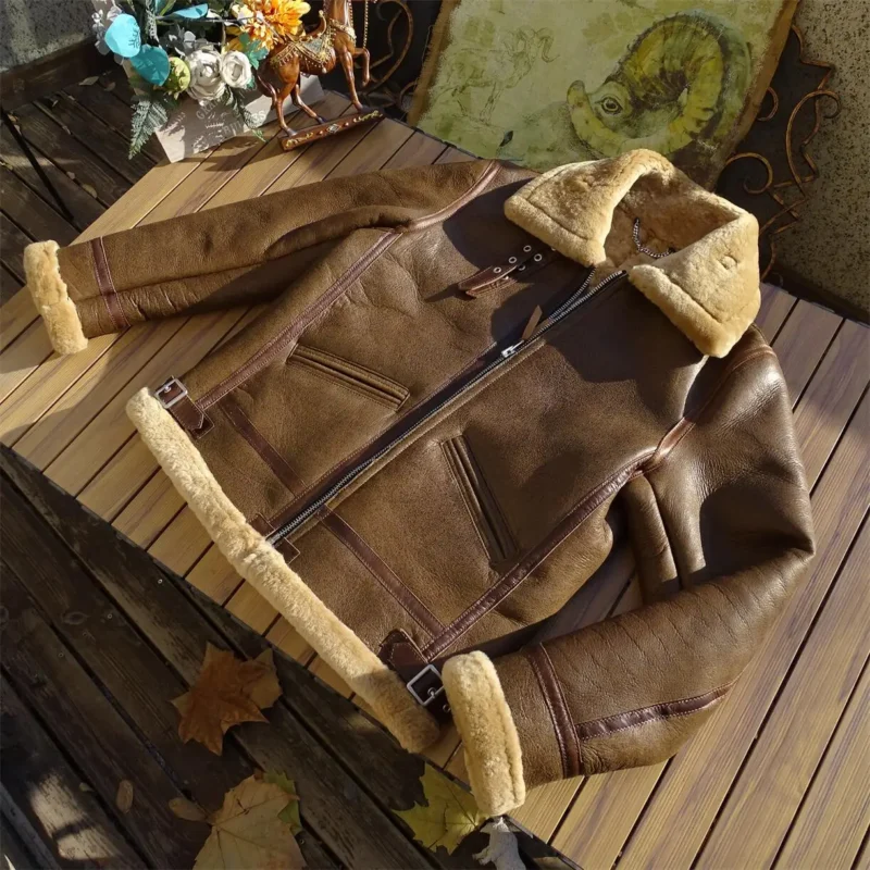 Men's Classic B3 Bomber Shearling Sheepskin Jacket with Fur Lining - Image 7