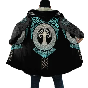 Men's Gothic Hooded Cloak with Medieval Tattoo Print Fleece Overcoat
