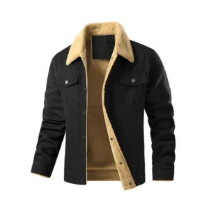 Men's Winter Shearling Lined Coat with Button Front and Turn-down Collar