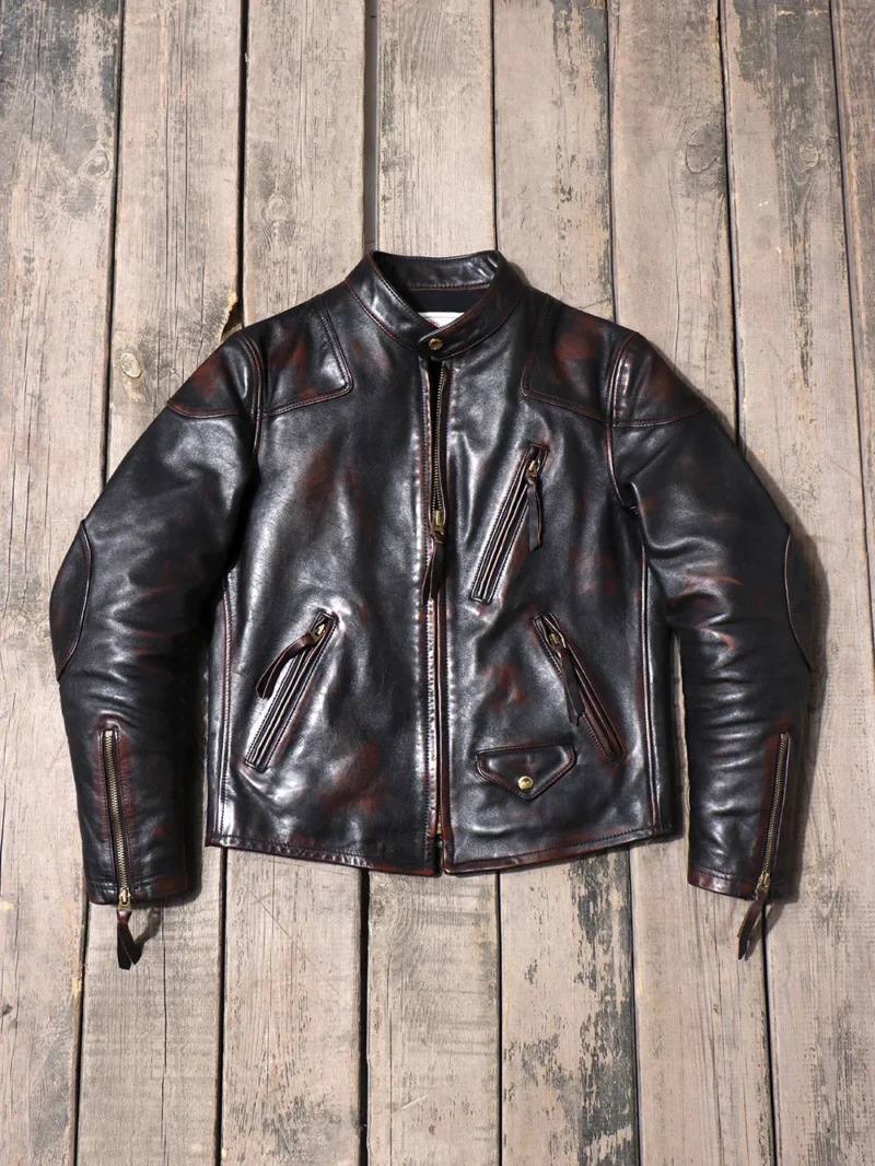 Vintage Distressed Horsehide Biker Jacket with Stand Collar for Men - Image 3