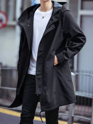 Men's Hooded Trench Coat Long Windbreaker Overcoat for Spring and Fall