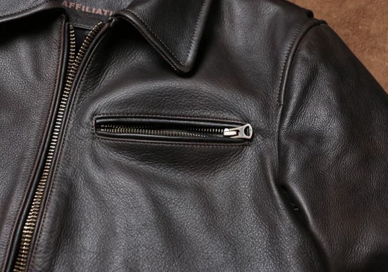 Men's Vintage Brushed Cowhide Leather Biker Jacket with Zip Closure - Image 4