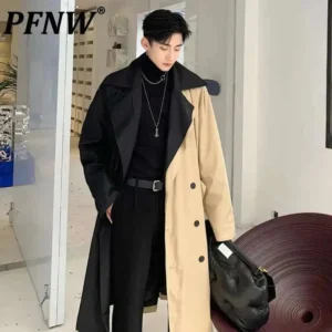 Men's Colorblock Double Breasted Trench Coat with Belt