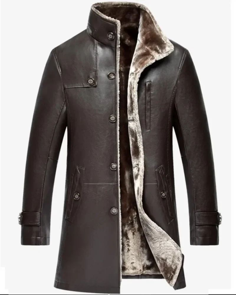 Premium Sheepskin Leather Long Parka with Fur Collar for Men - Image 2