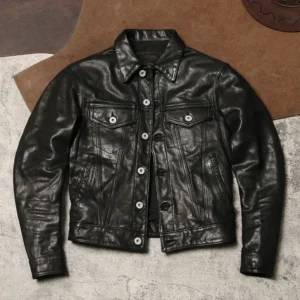 Vintage Washed Sheepskin Leather Jacket with Cargo Pockets for Men