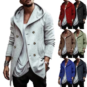 Men's Classic Double-Breasted Hooded Trench Coat with Lapel Detail