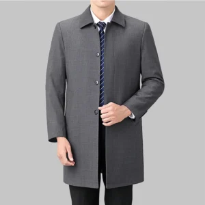 Men's Classic Wool Long Trench Coat with Lapel Collar - Formal Business Overcoat