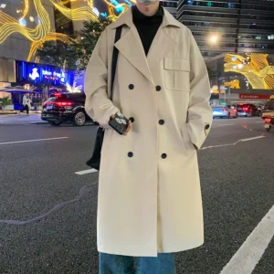 Men's Classic Trench Coat Long Length Turn-Down Collar All-Season Overcoat