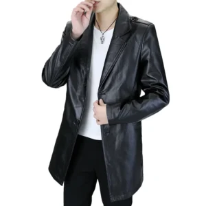 Men's Classic PU Leather Trench Coat with Business Casual Style