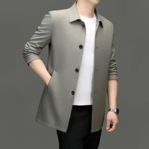 Classic Men's Trench Coat Single Breasted Long Lapel Business Casual Outerwear