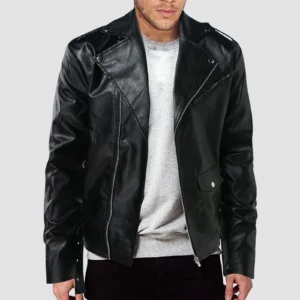 Classic PU Leather Motorcycle Jacket Slim Fit Zip-Up Coat for Men